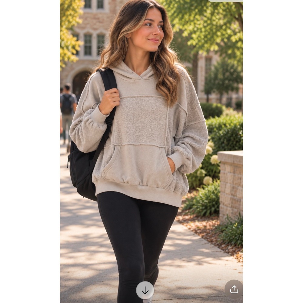 Aerie Cream Sherpa Patchwork Oversized Hoodie Pullover Sweatshirt Women's XS